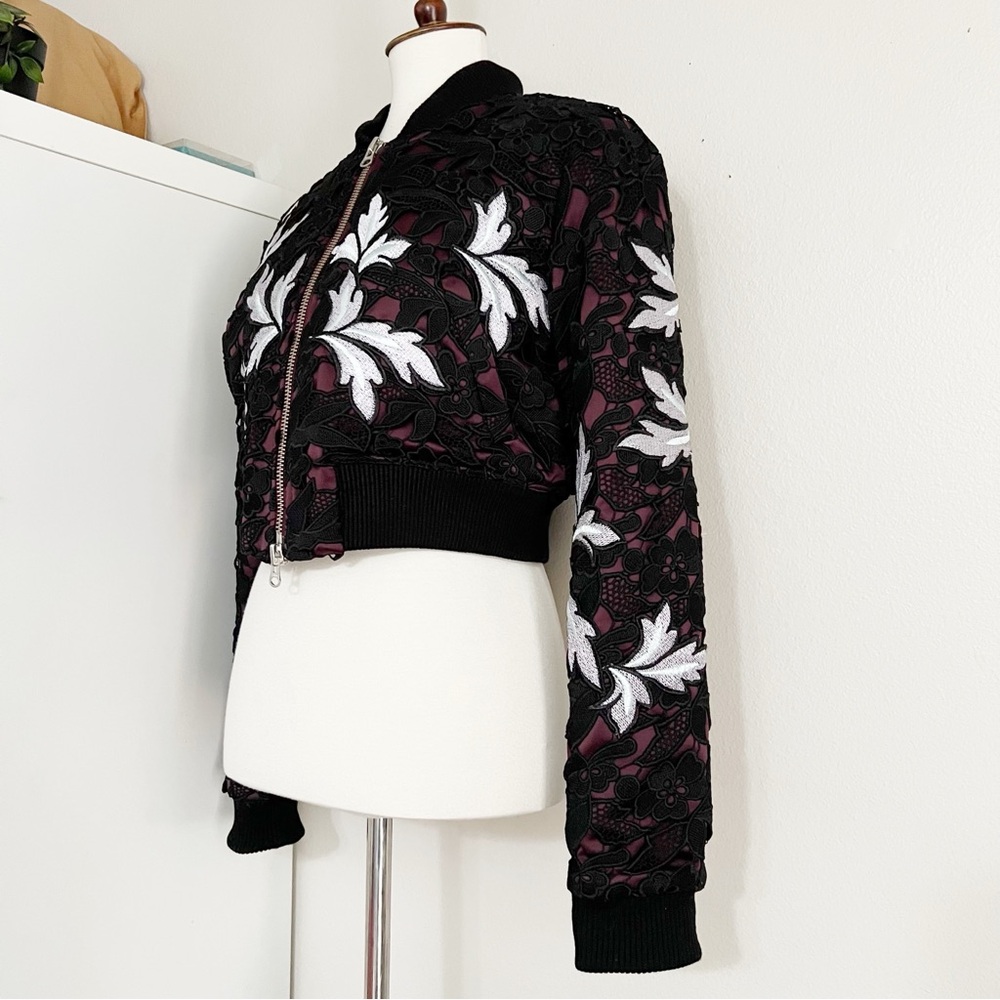 Self-Portrait Black Bomber Jacket with White Floral Embroidery and Burgundy Trim - Picture 8 of 12